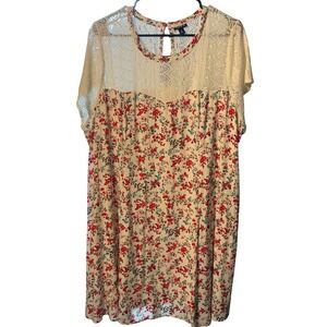 Torrid Floral Lace Yoke Mini Dress Cream Red Plus Size 3 3X Cottagecore Lined